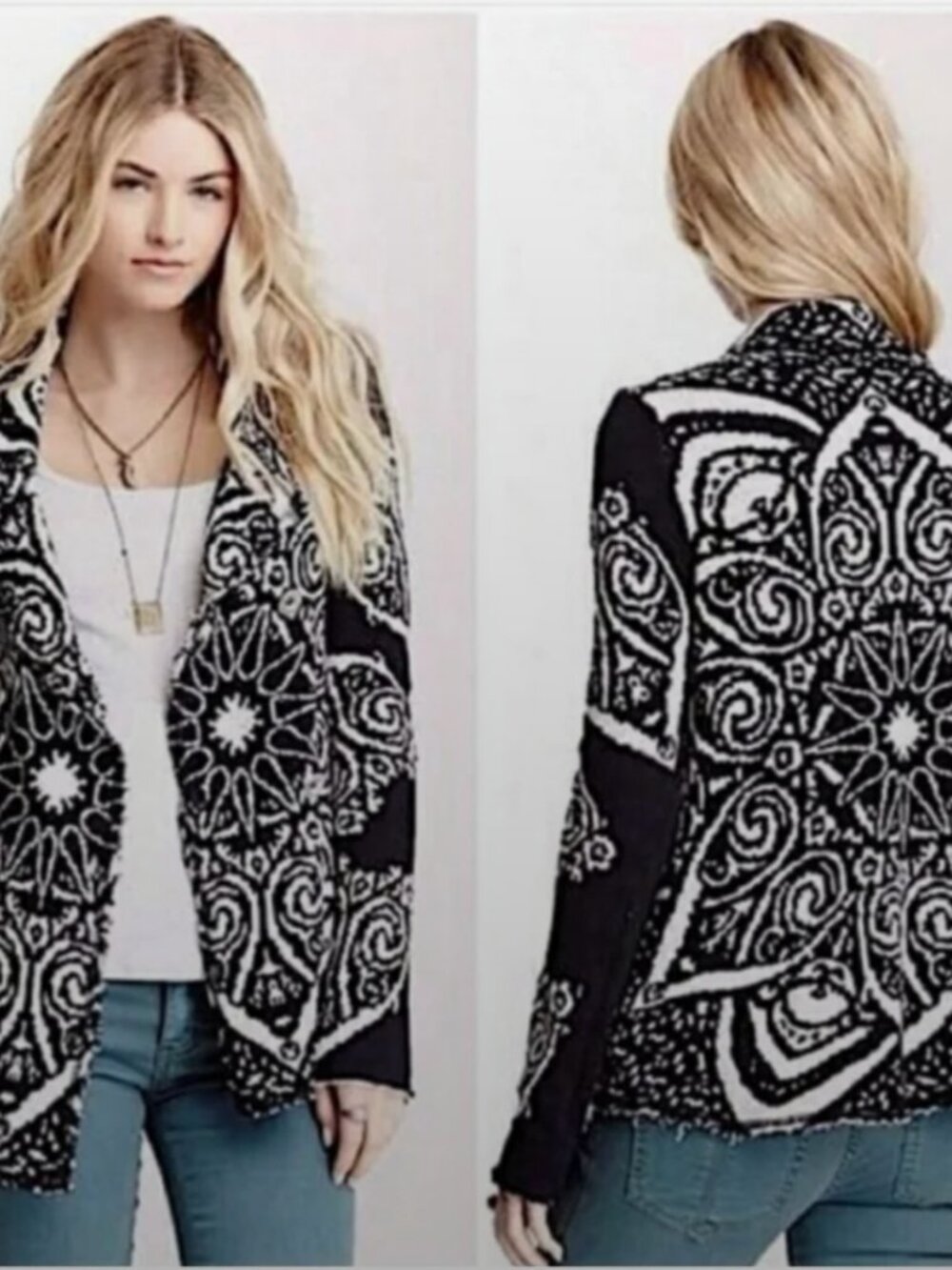 Free People Smitten Kitten Mandala Cardigan Navy Boho Sweater Small